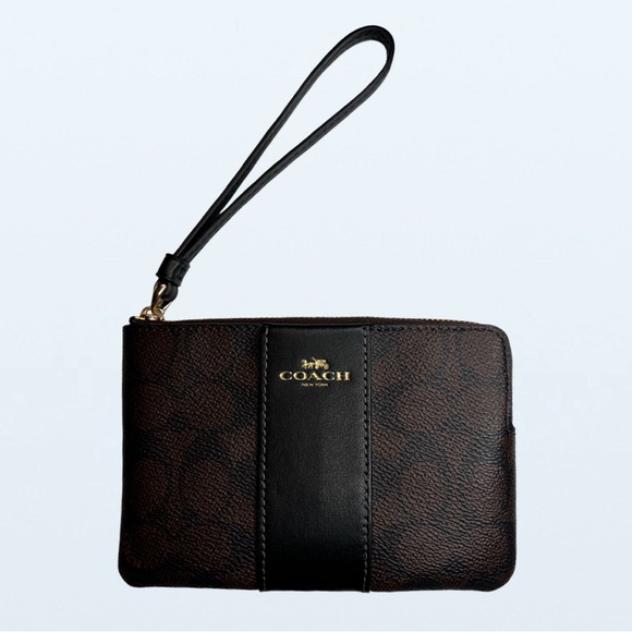 NWT Corner Zip Wristlet In Signature Canvas With Stripe, Walnut/Black, Authentic - Picture 1 of 6